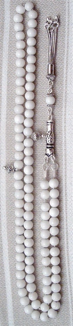 White Coral Islamic Prayer Beads Tasbih 99 Tiny w/silver ID # 4755