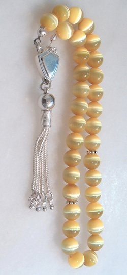 Islamic Prayer Beads Tasbih 8 mm Quartz Cat's Eye w/ Silver ID # 6014