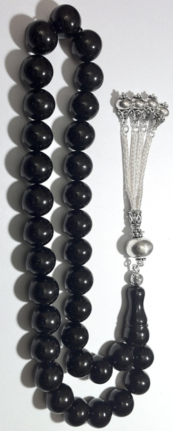 Turkish Black Amber Oltu Islamic Prayer Beads Large Tasbih w/silver ID # 6200