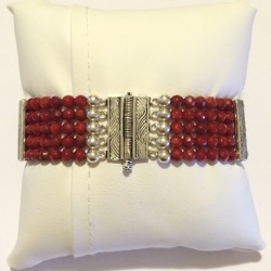 Red coral beaded cuff bracelet with sterling silver ID # 6208