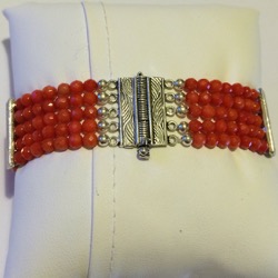 Red coral beaded cuff bracelet with sterling silver ID # 6228