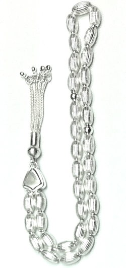 Islamic Prayer Beads Full Silver Tasbih oval stripes 10 mm 27 gram ID # 6270