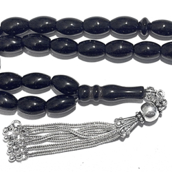 Islamic Prayer Beads Tasbih Quartz Onyx 12 mm oval w/ silver ID # 6272