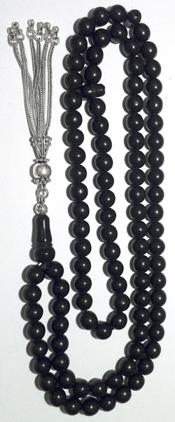 Turkish Black Amber Oltu Islamic Prayer Beads 99 Tasbih 9 mm w/silver ID # 6283
