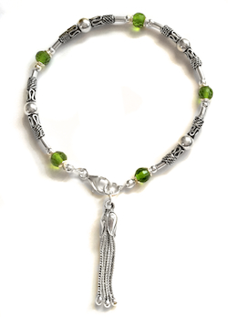 Sterling Silver Green Cubic Zirconia charm bracelet with tassel ID # 6619