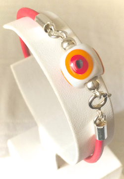 Turkish Leather Bracelet With Sterling Silver and Orange Evil Eye ID # 6649