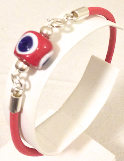 Turkish Leather Bracelet With Sterling Silver and Red Evil Eye ID # 6651