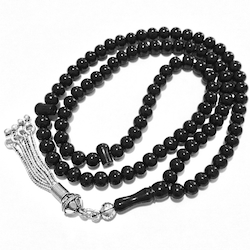 Turkish Black Amber Oltu Islamic Prayer Beads Tiny Tasbih w/silver ID # 6676