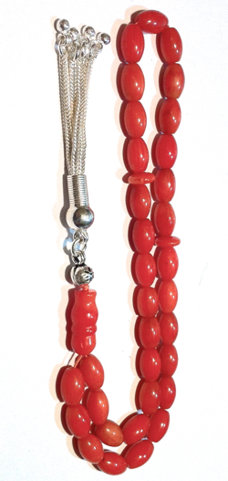 Red coral Islamic prayer beads 9 mm tasbih w/silver ID # 6678
