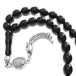 Turkish Black Amber Oltu Islamic Prayer Beads Tasbih 9 mm w/silver Oval ID # 6735