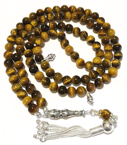 Islamic Prayer Beads 99 Namaz Tasbih Glossy Tigers Eye 6.5 mm w/ silver ID # 6749
