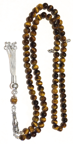 Islamic Prayer Beads 99 Namaz Tasbih Glossy Tigers Eye 6.5 mm w/ silver ID # 6749