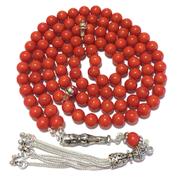 Islamic Prayer Beads 99 Namaz Tasbih Red Coral w/ silver 7 mm ID # 6752