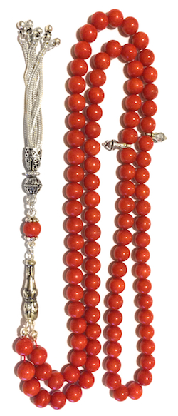 Islamic Prayer Beads 99 Namaz Tasbih Red Coral w/ silver 7 mm ID # 6752