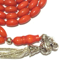 Islamic prayer beads 99 tasbih red coral sterling silver ID # 6792