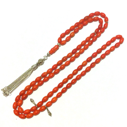 Islamic prayer beads 99 tasbih red coral sterling silver 6x9 mm ID # 6793