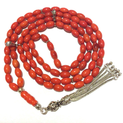 Islamic prayer beads 99 tasbih red coral sterling silver 6x9 mm ID # 6793