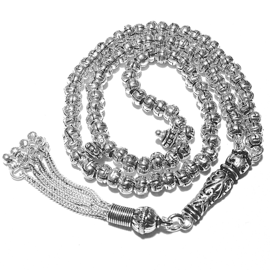 Full Sterling Silver Islamic Prayer Beads 99 Tasbih 51 gram ID # 1929 - Click Image to Close