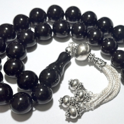 Turkish Black Amber Oltu Islamic Prayer Beads Large Tasbih w/silver ID # 6200 - Click Image to Close