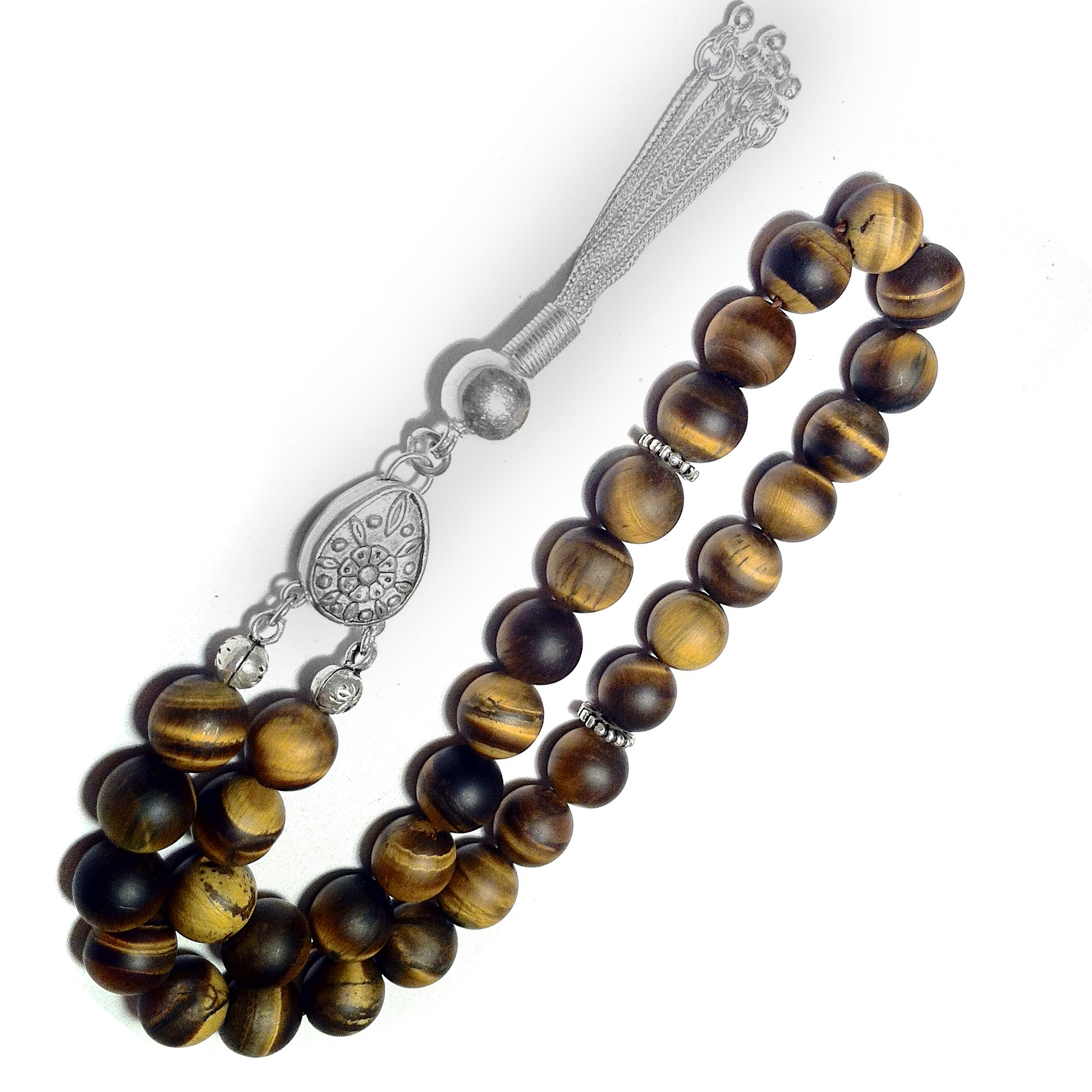 Islamic Prayer Beads Tasbih Matte Tiger Eye 10 mm w/silver ID # 6291 - Click Image to Close