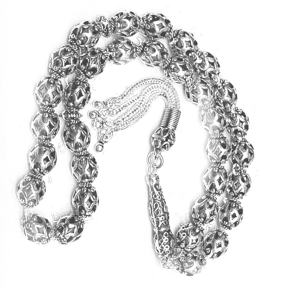 Full Sterling Silver Islamic Prayer Beads Tasbih 9 mm 42 gram ID # 6324 - Click Image to Close