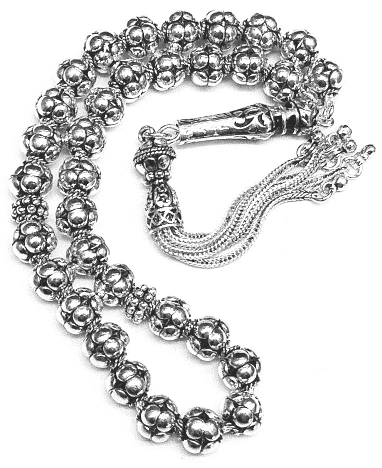 Full Sterling Silver Islamic Prayer Beads Tasbih 8 mm 51 gram ID # 6325 - Click Image to Close