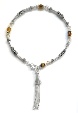 Sterling Silver Tiger Eye charm bracelet with tassel ID # 6621 - Click Image to Close