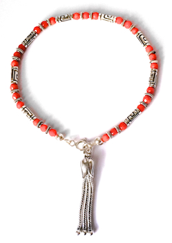 Sterling Silver Red Coral charm bracelet with tassel ID # 6622 - Click Image to Close