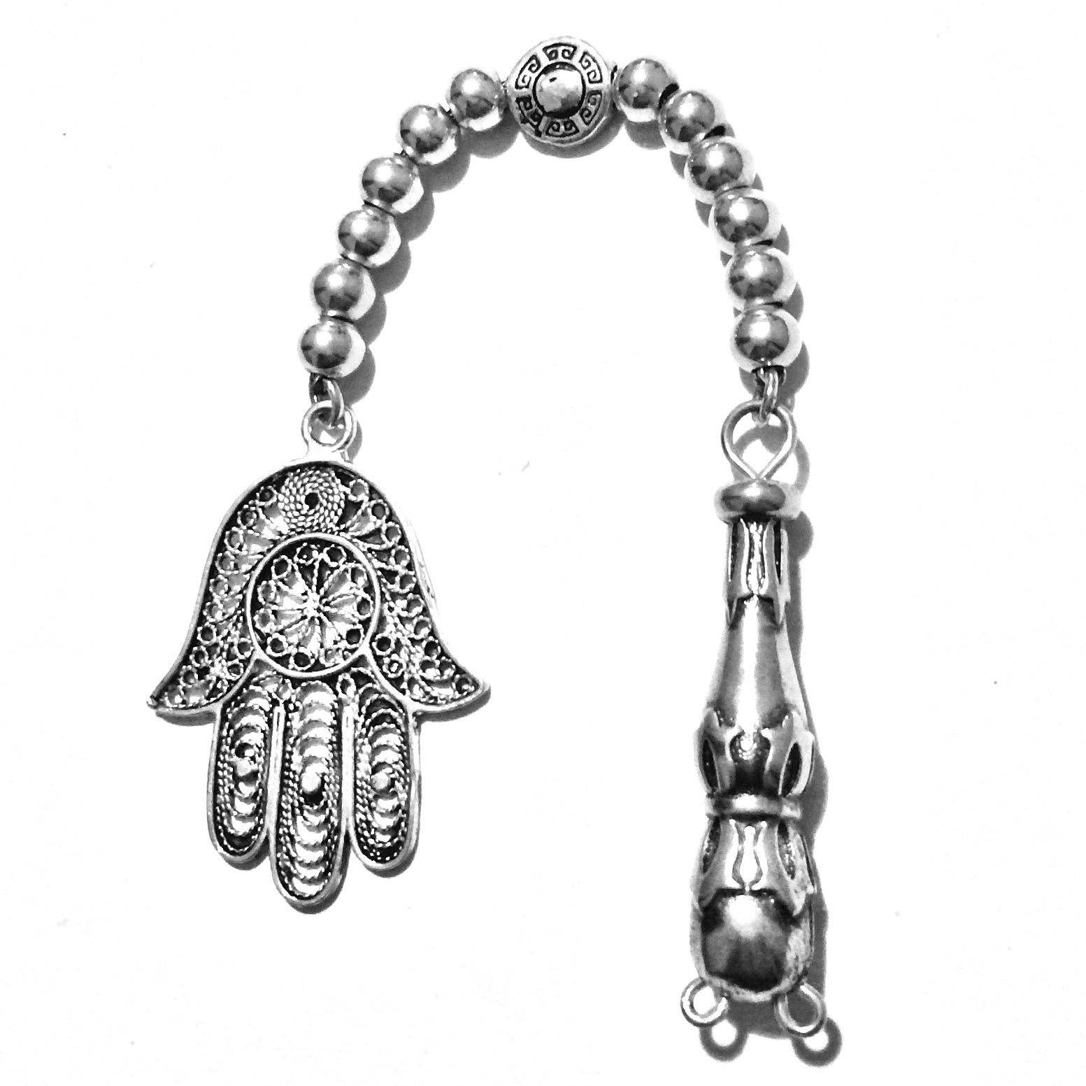 Sterling silver tasbih top with imame and hamsa 11+ gram 14 cm ID # 6717 - Click Image to Close