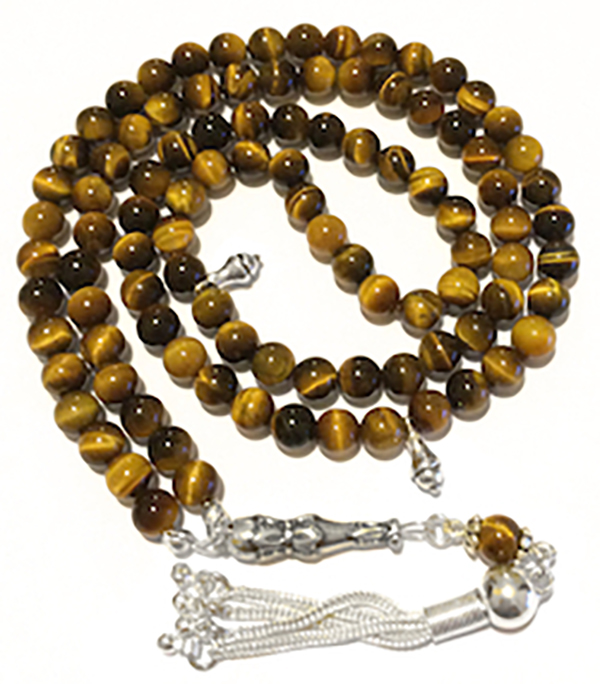 Islamic Prayer Beads 99 Namaz Tasbih Glossy Tigers Eye 6.5 mm w/ silver ID # 6749 - Click Image to Close