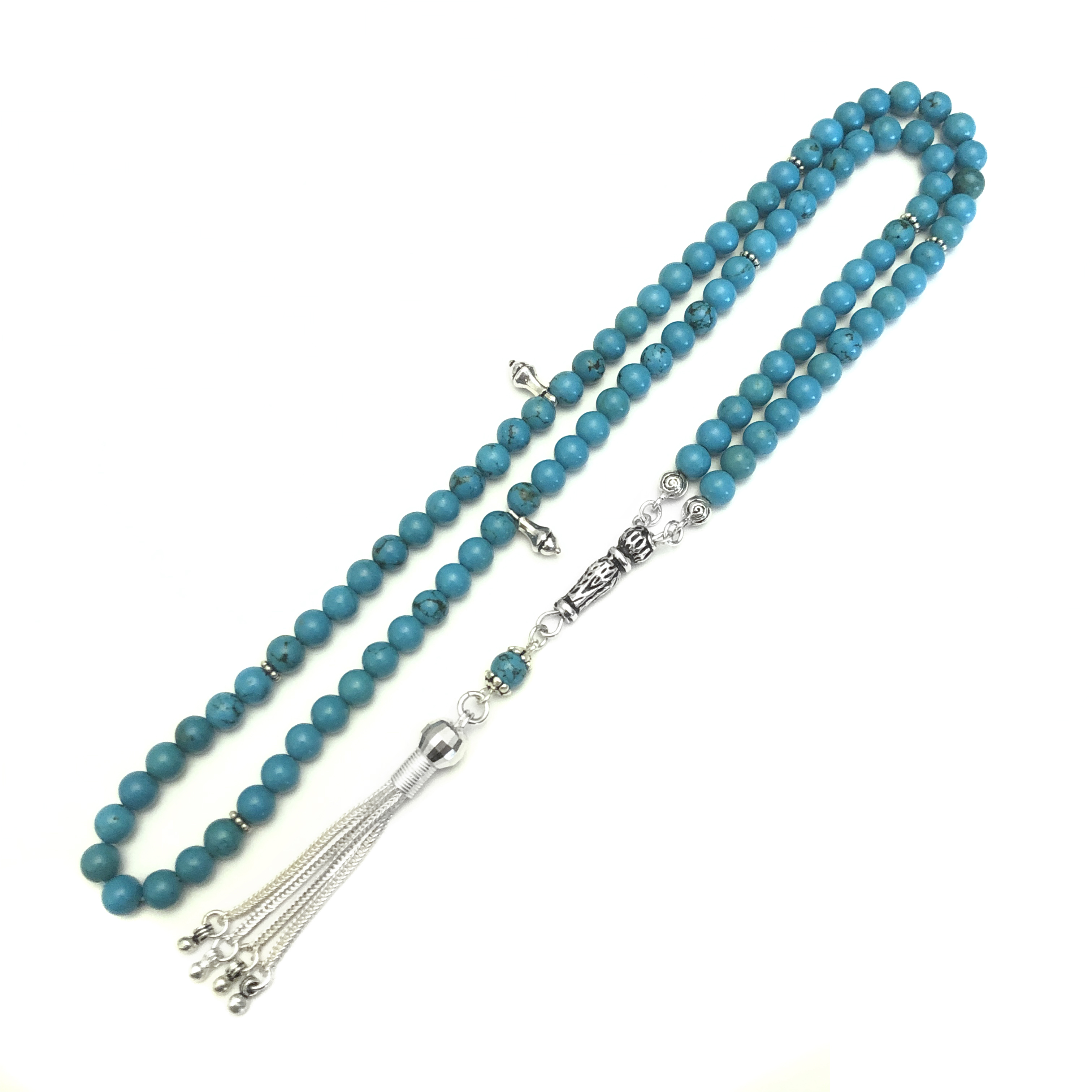 Islamic Prayer Beads 99 Howlite Tasbih sterling silver ID # 6790 - Click Image to Close