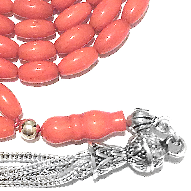 Islamic prayer beads 99 tasbih red coral sterling silver ID # 6792 - Click Image to Close