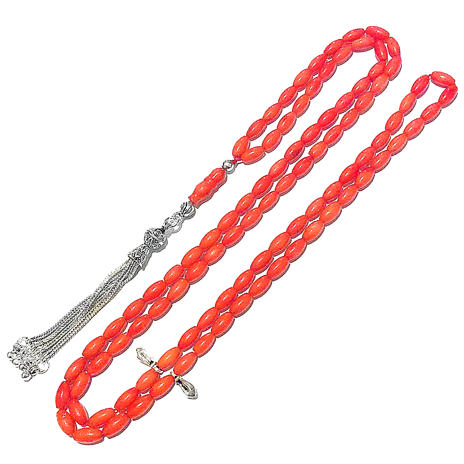 Islamic prayer beads 99 tasbih red coral sterling silver ID # 6792 - Click Image to Close