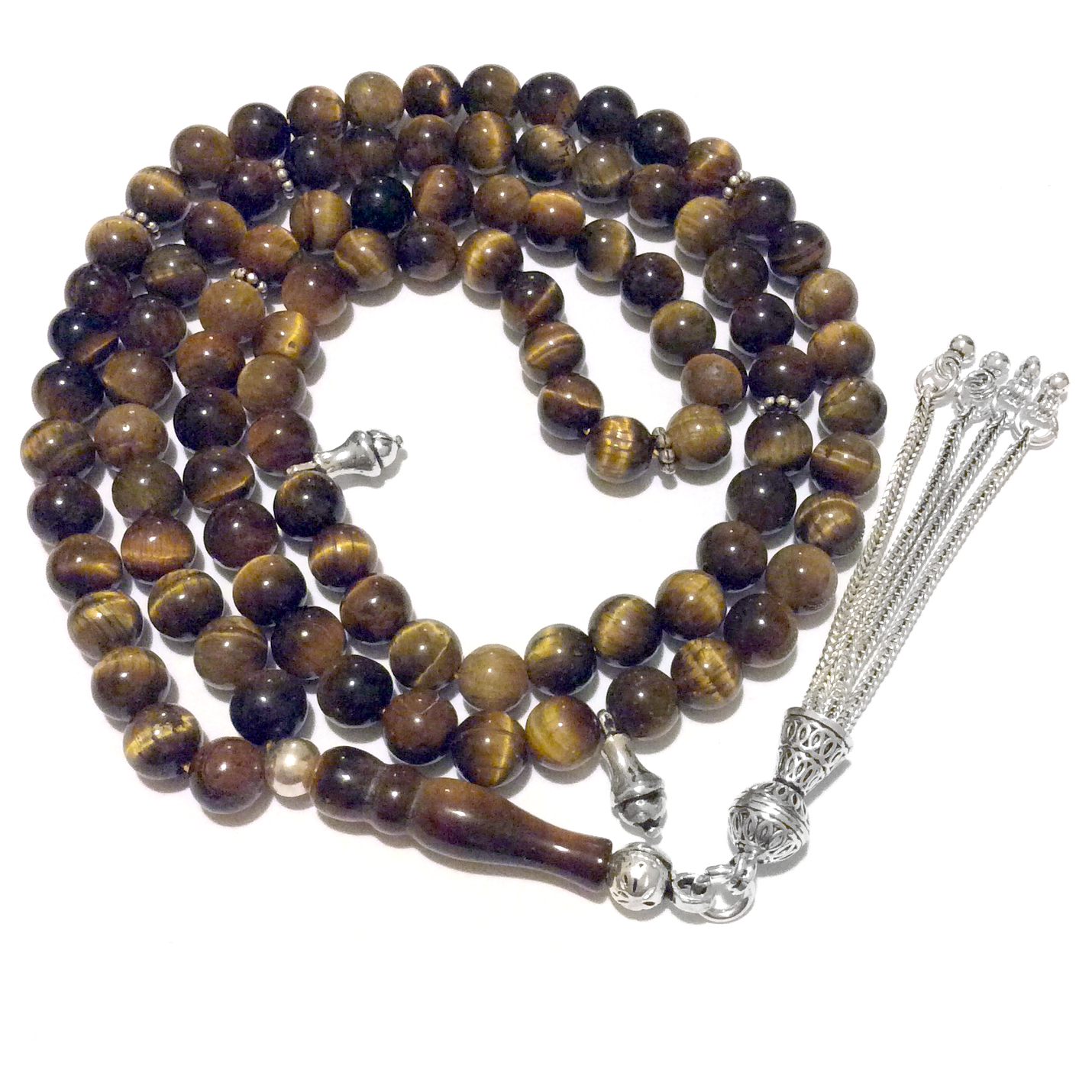 Islamic Prayer Beads 99 Tasbih Tiger Eye 6.5 mm w/silver ID # 6795 - Click Image to Close