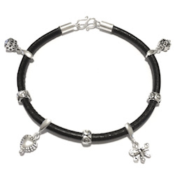 Sterling Silver Thematic Charm Bracelet on Leather Love ID # 6656
