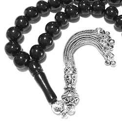 Turkish Black Amber Oltu Islamic Prayer Beads Tasbih 8 mm w/silver ID # 6732