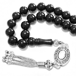 Turkish Black Amber Oltu Islamic Prayer Beads Tasbih 9 mm w/silver ID # 6736