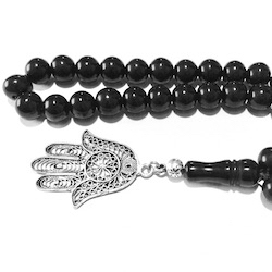 Turkish Black Amber Oltu Islamic Prayer Beads Tasbih 9 mm w/silver hamsa ID # 6738